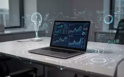 Ein moderner Schreibtisch mit Laptop, der Finanzdaten anzeigt, umgeben von digitalen Elementen, die KI und Automatisierung symbolisieren. - Foto: über boerse-global.de