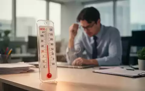 Ein Thermometer auf einem Bürotisch zeigt eine hohe Temperatur an, im Hintergrund verschwommen ein schwitzender Büroangestellter. - Foto: über boerse-global.de