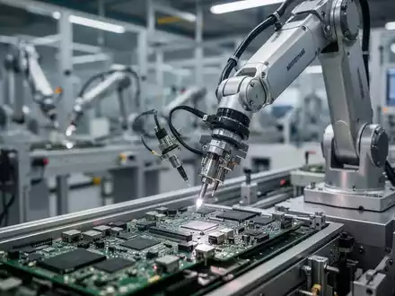 Ein Roboterarm in einer deutschen Fabrik montiert elektronische Bauteile, symbolisiert den steigenden Auftragsbestand der Industrie. - Foto: über boerse-global.de