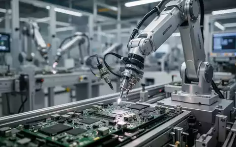 Ein Roboterarm in einer deutschen Fabrik montiert elektronische Bauteile, symbolisiert den steigenden Auftragsbestand der Industrie. - Foto: über boerse-global.de