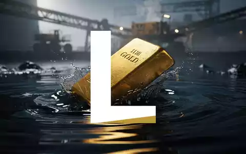Ein Goldbarren taucht in unruhiges, dunkelblaues Wasser ein, mit einem verschwommenen Bergbauhintergrund. - Foto: über boerse-global.de