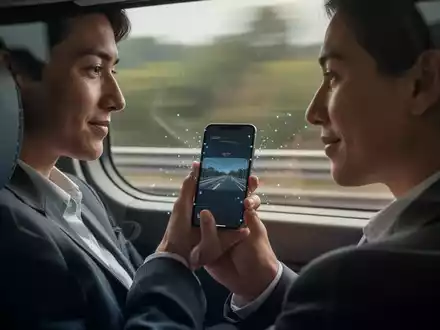 Eine Person benutzt ein Smartphone in einem fahrenden Fahrzeug, wobei subtile animierte Punkte am Bildschirmrand die Bewegung synchronisieren. - Foto: über boerse-global.de