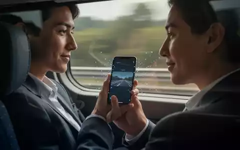 Eine Person benutzt ein Smartphone in einem fahrenden Fahrzeug, wobei subtile animierte Punkte am Bildschirmrand die Bewegung synchronisieren. - Foto: über boerse-global.de