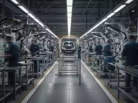 Eine weitgehend leere moderne Autofabrik mit einigen wenigen, verschwommenen Arbeiterfiguren, die den Stellenabbau in der Automobilindustrie symbolisiert. - Foto: über boerse-global.de