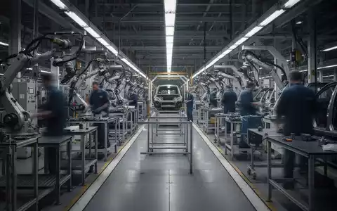 Eine weitgehend leere moderne Autofabrik mit einigen wenigen, verschwommenen Arbeiterfiguren, die den Stellenabbau in der Automobilindustrie symbolisiert. - Foto: über boerse-global.de