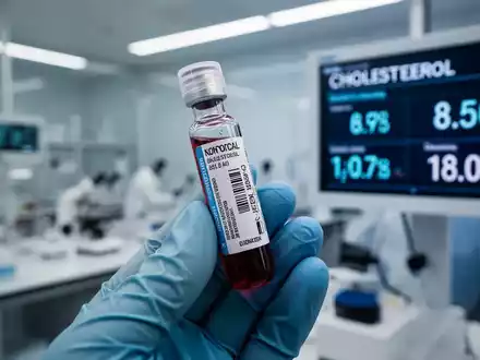 Nahaufnahme einer Blutprobe in einem Reagenzglas, gehalten von einer behandschuhten Hand, mit einem digitalen Display im Hintergrund. - Foto: über boerse-global.de