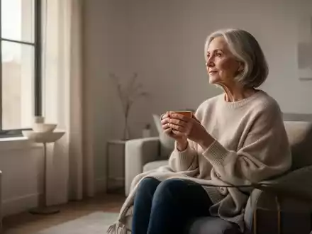 Nachdenkliche Frau über 50, die in einem hellen Wohnzimmer sitzt und eine Tasse hält. - Foto: über boerse-global.de