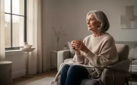 Nachdenkliche Frau über 50, die in einem hellen Wohnzimmer sitzt und eine Tasse hält. - Foto: über boerse-global.de