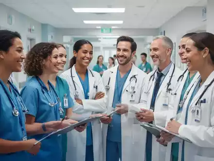 Ärzte und Pflegepersonal in einem modernen Krankenhaus, die zusammenarbeiten und lächeln. - Foto: über boerse-global.de