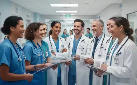 Ärzte und Pflegepersonal in einem modernen Krankenhaus, die zusammenarbeiten und lächeln. - Foto: über boerse-global.de