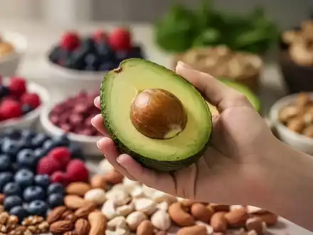Nahaufnahme der Hand einer Frau, die eine Avocadohälfte hält, mit unscharfem Hintergrund von Beeren und Nüssen. - Foto: über boerse-global.de