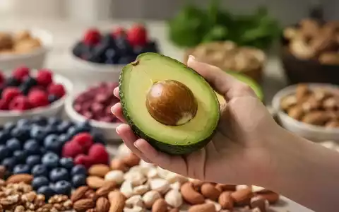 Nahaufnahme der Hand einer Frau, die eine Avocadohälfte hält, mit unscharfem Hintergrund von Beeren und Nüssen. - Foto: über boerse-global.de
