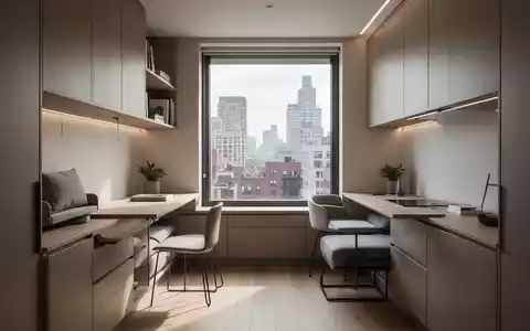 Ein stilvolles, minimalistisches Mikro-Apartment mit multifunktionalen Möbeln und viel Tageslicht, das urbanes Wohnen repräsentiert. - Foto: über boerse-global.de