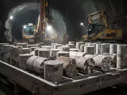 Geologische Bohrkernproben in einem Tablett, mit einem Bohrer oder Mineneingang im unscharfen Hintergrund. - Foto: über boerse-global.de