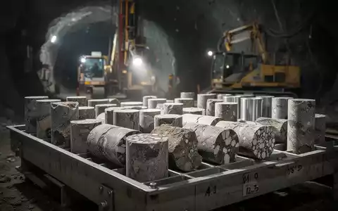 Geologische Bohrkernproben in einem Tablett, mit einem Bohrer oder Mineneingang im unscharfen Hintergrund. - Foto: über boerse-global.de