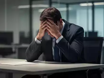Eine Person in Geschäftskleidung hält den Kopf in den Händen an einem modernen Schreibtisch, um Arbeitsstress und Rollenkonflikte darzustellen. - Foto: über boerse-global.de