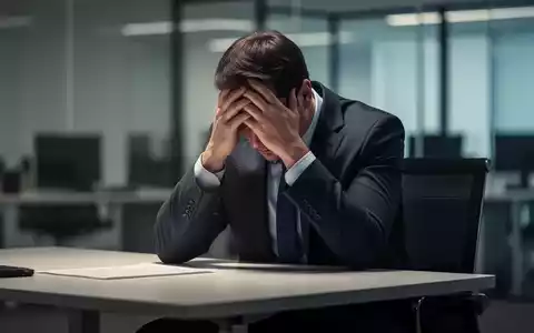 Eine Person in Geschäftskleidung hält den Kopf in den Händen an einem modernen Schreibtisch, um Arbeitsstress und Rollenkonflikte darzustellen. - Foto: über boerse-global.de