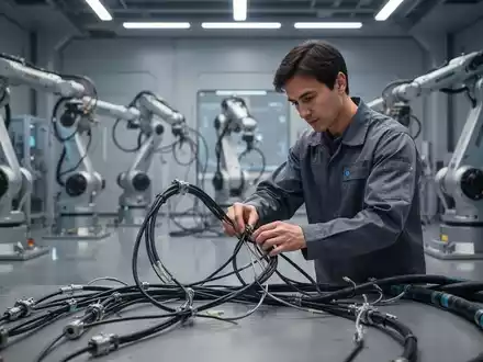 A human worker in a futuristic factory handles flexible components, contrasting with idle robotic arms in the background, highlighting human dexterity. - Foto: über boerse-global.de