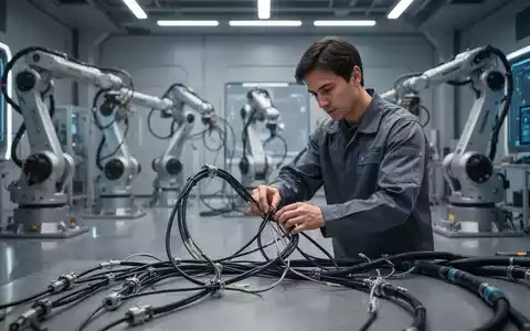 A human worker in a futuristic factory handles flexible components, contrasting with idle robotic arms in the background, highlighting human dexterity. - Foto: über boerse-global.de
