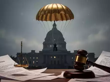 Ein goldener Fallschirm schwebt über einem stilisierten Regierungsgebäude, mit juristischen Dokumenten und einem Hammer im Vordergrund. - Foto: über boerse-global.de