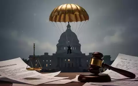 Ein goldener Fallschirm schwebt über einem stilisierten Regierungsgebäude, mit juristischen Dokumenten und einem Hammer im Vordergrund. - Foto: über boerse-global.de