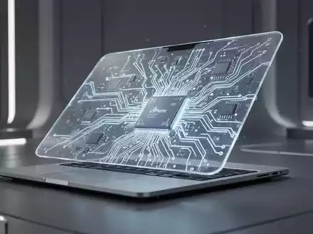 A sleek, thin laptop with a glowing, intricate circuit board design visible beneath its translucent surface, representing innovation. - Foto: über boerse-global.de