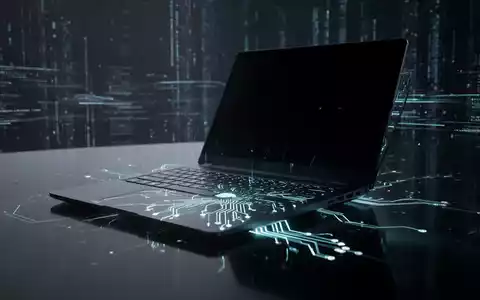 A sleek, futuristic laptop with a glowing keyboard and circuit board elements, reflecting on a dark, polished surface. - Foto: über boerse-global.de