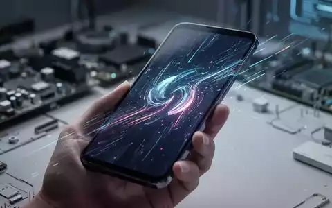 A close-up of a modern smartphone screen displaying a dynamic, abstract digital interface with glowing lines, held in a hand. - Foto: über boerse-global.de