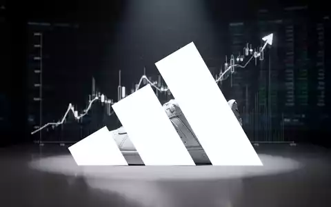 Ein einzelner Adidas-Sneaker auf einer reflektierenden Oberfläche mit einem stilisierten aufsteigenden Börsenkurs im Hintergrund. - Foto: über boerse-global.de