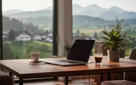 Ein minimalistisches Homeoffice mit Laptop und Kaffeetasse auf einem Holztisch, im Hintergrund verschwommen eine steirische Landschaft. - Foto: über boerse-global.de