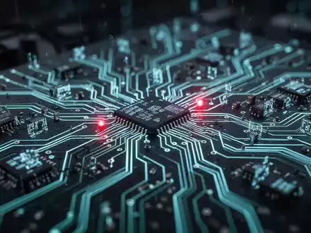 A close-up of a glowing, abstract circuit board with intricate pathways and tiny, malfunctioning digital components, symbolizing a software bug. - Foto: über boerse-global.de