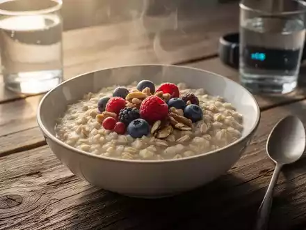 Eine Schale Haferflocken mit Beeren und Nüssen auf einem Holztisch, beleuchtet von sanftem Morgenlicht, mit einem Glas Wasser im Hintergrund. - Foto: über boerse-global.de