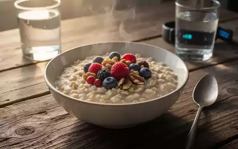 Eine Schale Haferflocken mit Beeren und Nüssen auf einem Holztisch, beleuchtet von sanftem Morgenlicht, mit einem Glas Wasser im Hintergrund. - Foto: über boerse-global.de