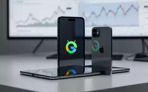 Ein modernes Android-Smartphone mit Google-Logo, das ein iPhone spiegelt, auf einem Schreibtisch mit verschwommenem Finanzchart. - Foto: über boerse-global.de