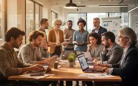 Eine Gruppe Erwachsener nimmt an einem Weiterbildungskurs teil, einige schauen auf Laptops, andere unterhalten sich angeregt. - Foto: über boerse-global.de