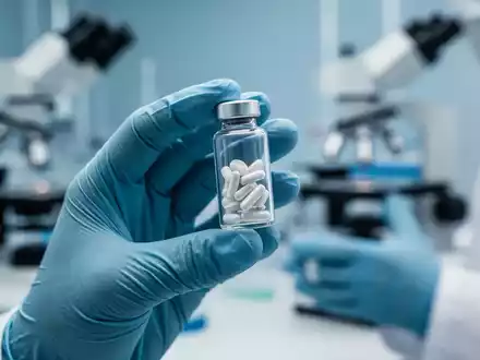 Nahaufnahme der Hände eines Wissenschaftlers in einem Labor, der ein Fläschchen mit einem Nahrungsergänzungsmittel hält, mit Laborgeräten im Hintergrund. - Foto: über boerse-global.de