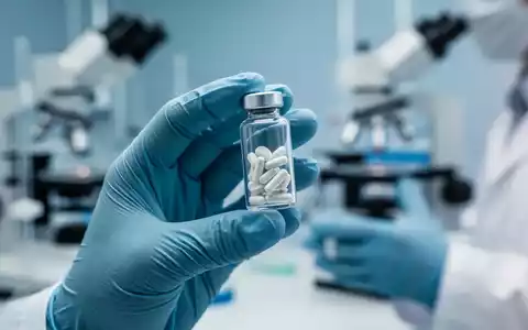 Nahaufnahme der Hände eines Wissenschaftlers in einem Labor, der ein Fläschchen mit einem Nahrungsergänzungsmittel hält, mit Laborgeräten im Hintergrund. - Foto: über boerse-global.de