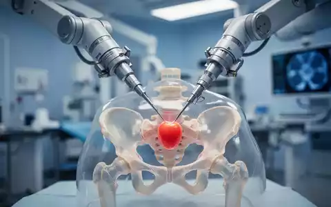 Ein Roboterarm einer chirurgischen Maschine positioniert präzise Instrumente über einem Modell des menschlichen Beckens, das die Prostata zeigt. - Foto: über boerse-global.de