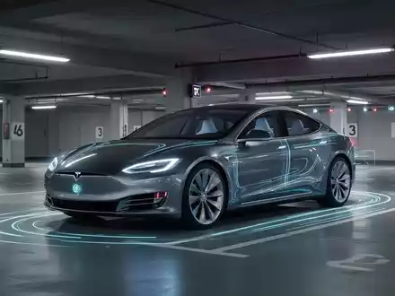 A Tesla car parked in a smart garage, symbolizing autonomous parking and advanced self-driving technology. - Foto: über boerse-global.de