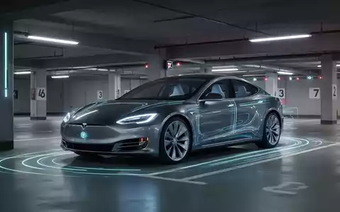 A Tesla car parked in a smart garage, symbolizing autonomous parking and advanced self-driving technology. - Foto: über boerse-global.de