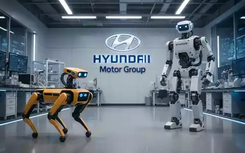 Der Roboterhund Spot und der humanoide Roboter Atlas von Boston Dynamics in einem High-Tech-Labor mit dem Hyundai-Logo im Hintergrund. - Foto: über boerse-global.de