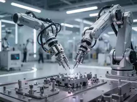 An advanced robotic arm precisely assembling components on a futuristic, brightly lit factory floor, showcasing industrial automation. - Foto: über boerse-global.de