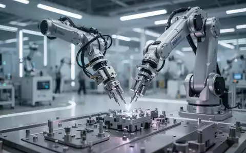 An advanced robotic arm precisely assembling components on a futuristic, brightly lit factory floor, showcasing industrial automation. - Foto: über boerse-global.de