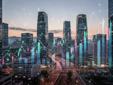 Eine futuristische Skyline von Seoul bei Sonnenuntergang, überlagert mit abstrakten digitalen Daten, die Technologie und Investitionen symbolisieren. - Foto: über boerse-global.de