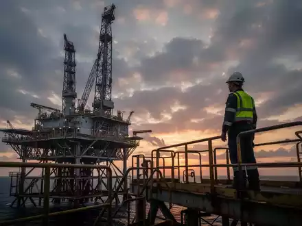 Offshore-Ölplattform bei Sonnenuntergang mit einem Arbeiter auf dem Deck, der auf das Meer blickt. - Foto: über boerse-global.de
