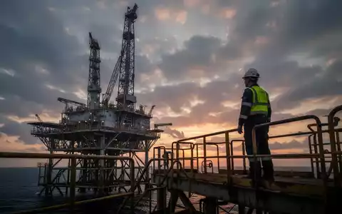 Offshore-Ölplattform bei Sonnenuntergang mit einem Arbeiter auf dem Deck, der auf das Meer blickt. - Foto: über boerse-global.de