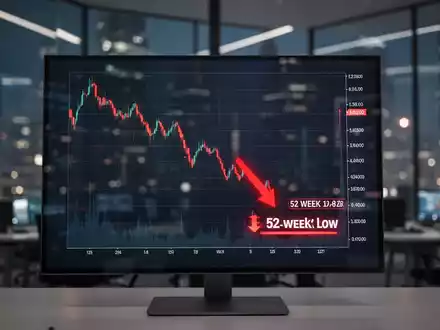 Finanzchart mit absteigendem Trend und rotem Pfeil, der ein 52-Wochen-Tief auf einem Bildschirm in einem Handelsraum anzeigt. - Foto: über boerse-global.de