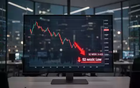 Finanzchart mit absteigendem Trend und rotem Pfeil, der ein 52-Wochen-Tief auf einem Bildschirm in einem Handelsraum anzeigt. - Foto: über boerse-global.de