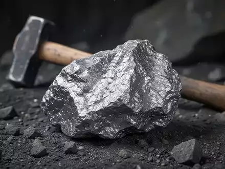 Nahaufnahme von glänzendem Nickelerz auf dunklem Gestein mit einem Hammer im Hintergrund, der eine Mine oder geologische Stätte andeutet. - Foto: über boerse-global.de