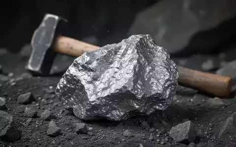 Nahaufnahme von glänzendem Nickelerz auf dunklem Gestein mit einem Hammer im Hintergrund, der eine Mine oder geologische Stätte andeutet. - Foto: über boerse-global.de